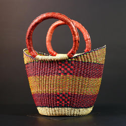 African Bolga Basket Handwoven Market Tote Ghana Straw Bag Red Leather Handle Colorful Storage Organizer Tribal Decor G5636