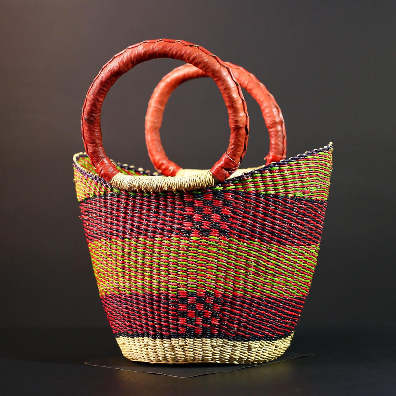 African Bolga Basket Handwoven Market Tote Ghana Straw Bag Red Leather Handle Colorful Storage Organizer Tribal Decor G5636