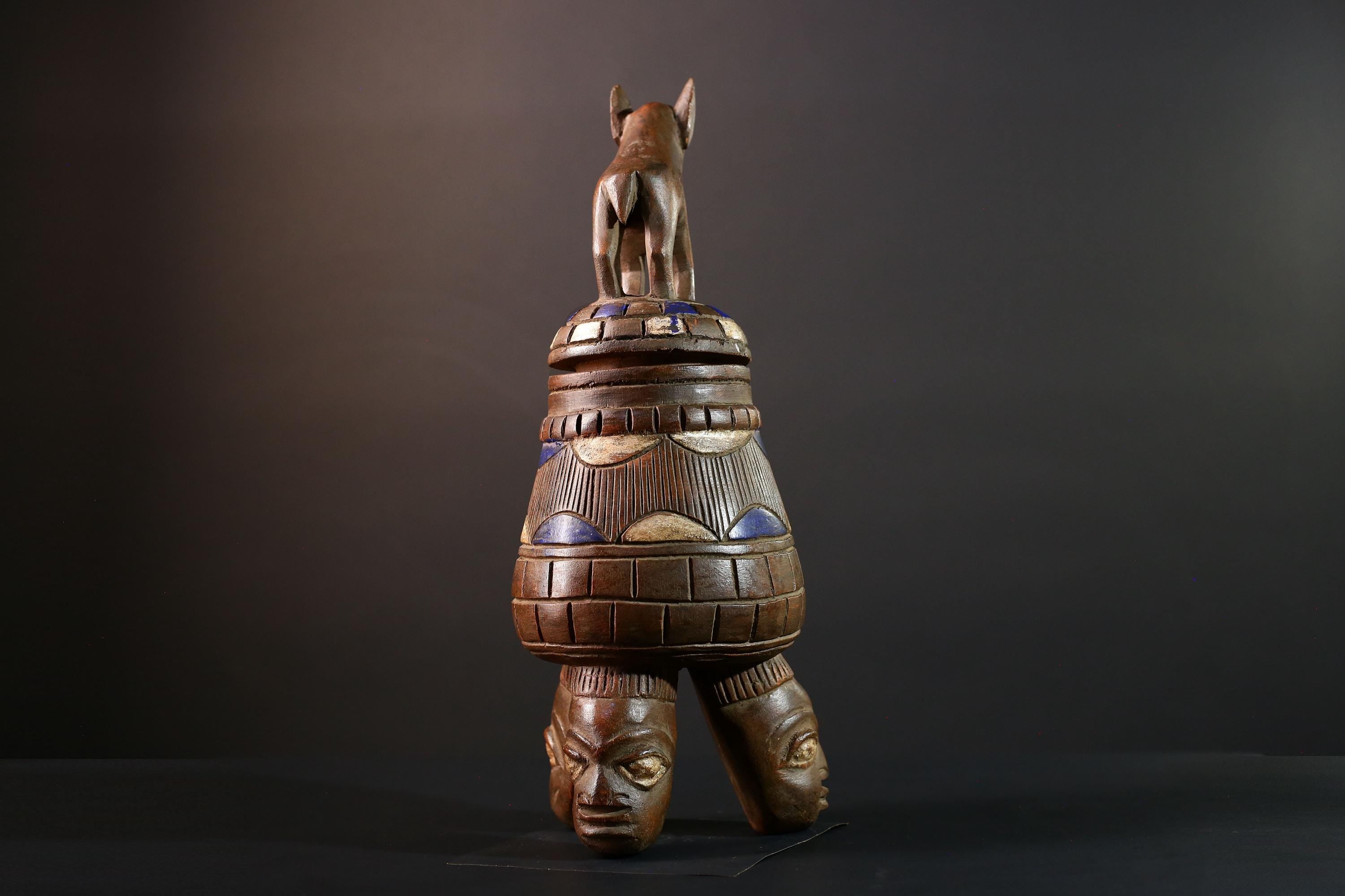 African Yoruba Carved Container Tribal Wood Sculpture With Donkey Nigeria Art Decor Storage Vessel Ethnic Cultural Piece-G5637