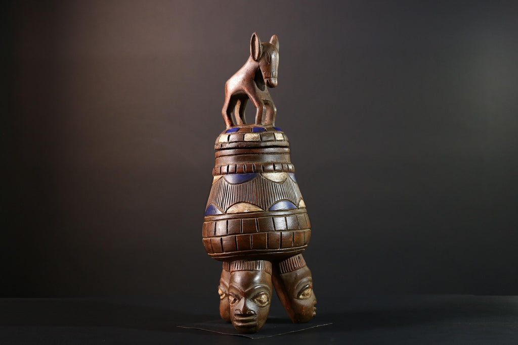African Yoruba Carved Container Tribal Wood Sculpture With Donkey Nigeria Art Decor Storage Vessel Ethnic Cultural Piece-G5637