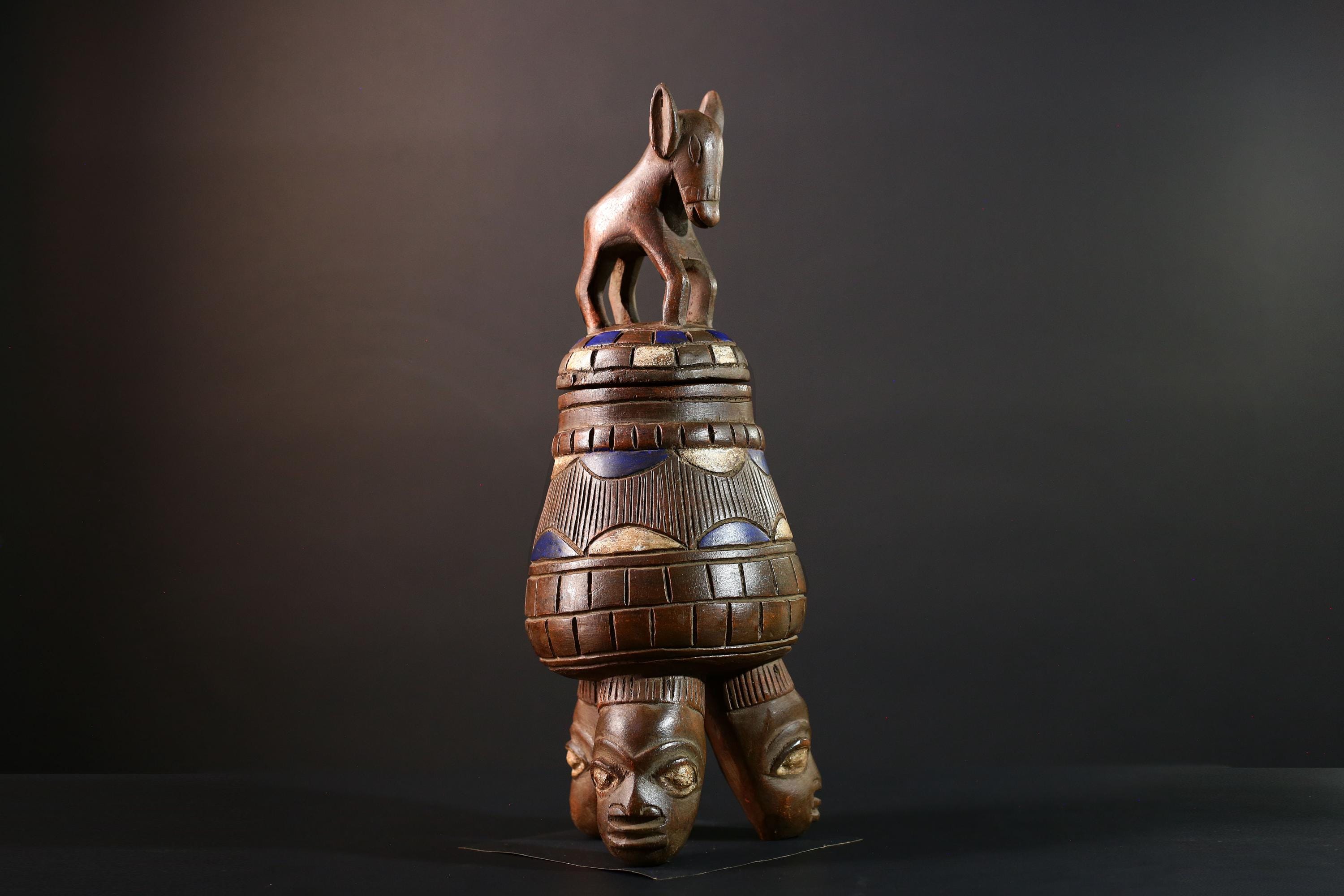 African Yoruba Carved Container Tribal Wood Sculpture With Donkey Nigeria Art Decor Storage Vessel Ethnic Cultural Piece-G5637