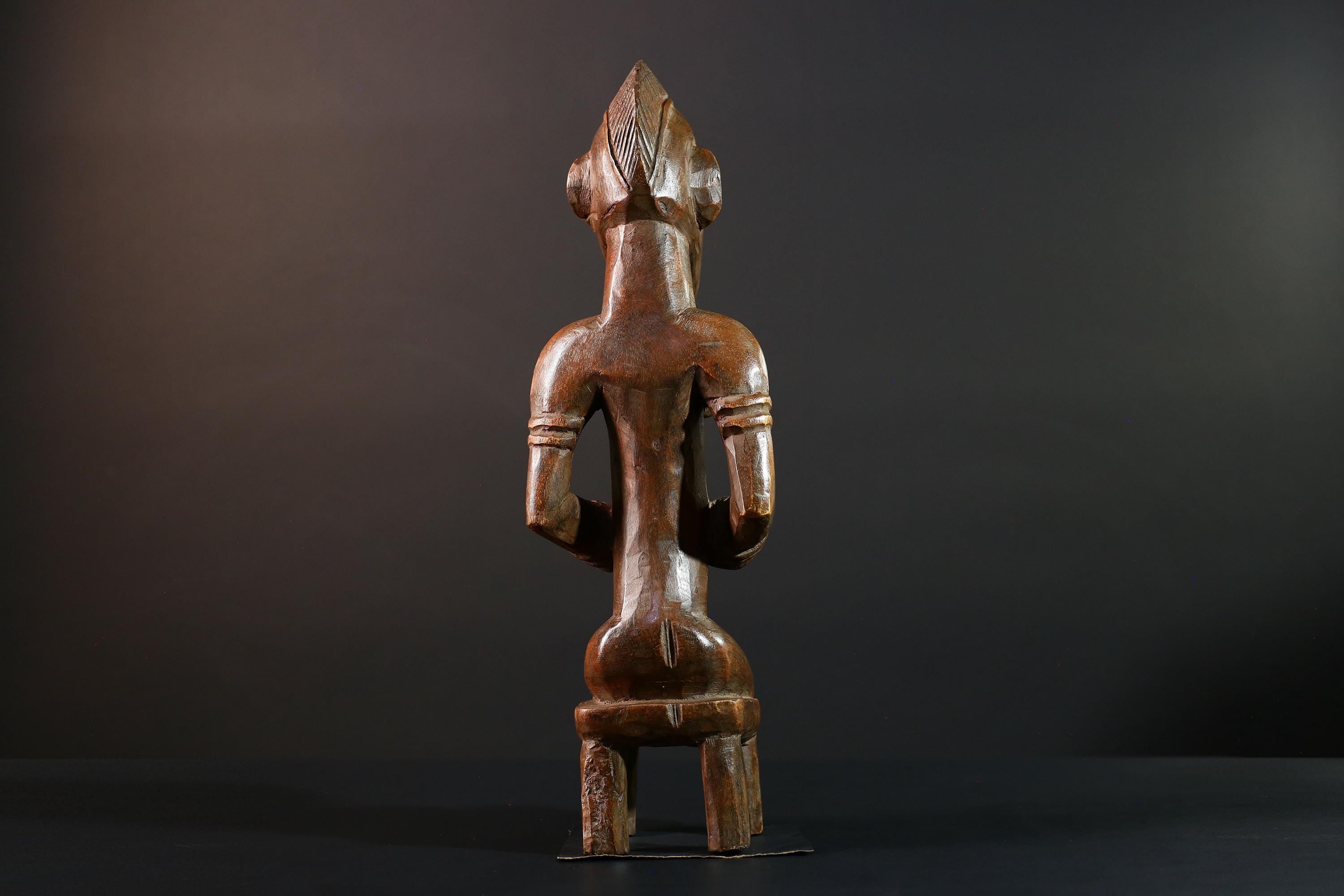 African Yoruba female figure seated on stool carved tribal fertility sculpture from Nigeria altar decor spiritual wood art-G5640