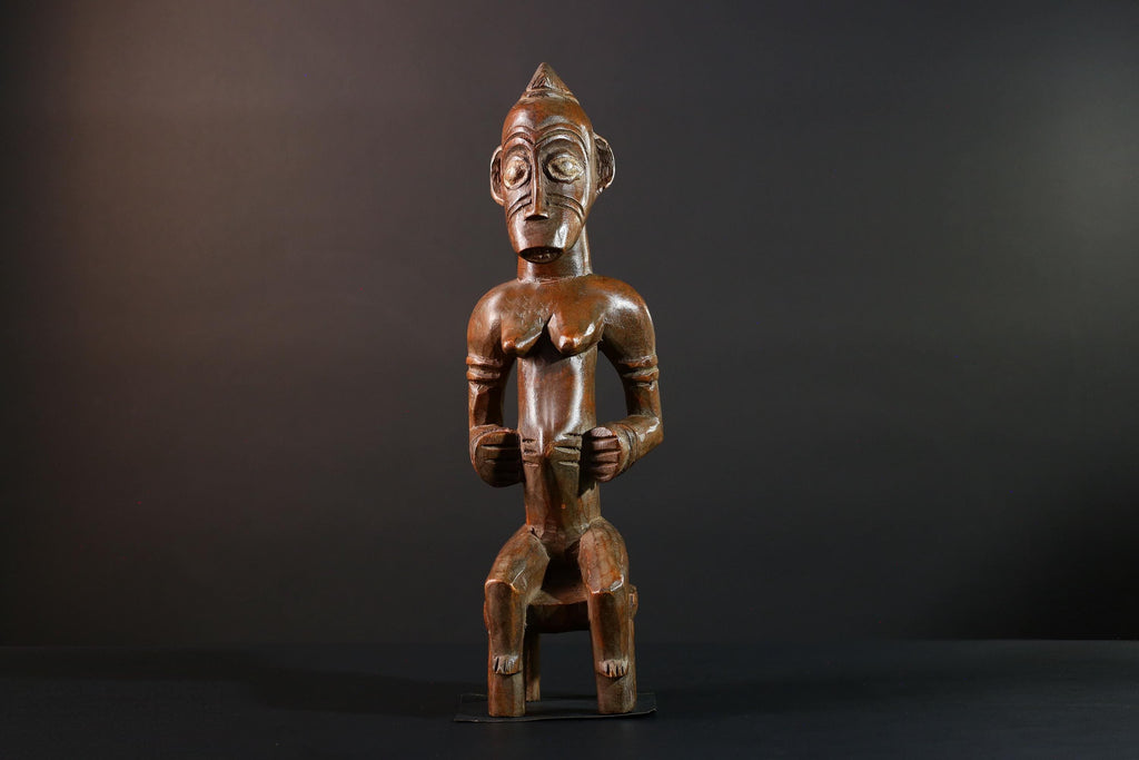 African Yoruba female figure seated on stool carved tribal fertility sculpture from Nigeria altar decor spiritual wood art-G5640