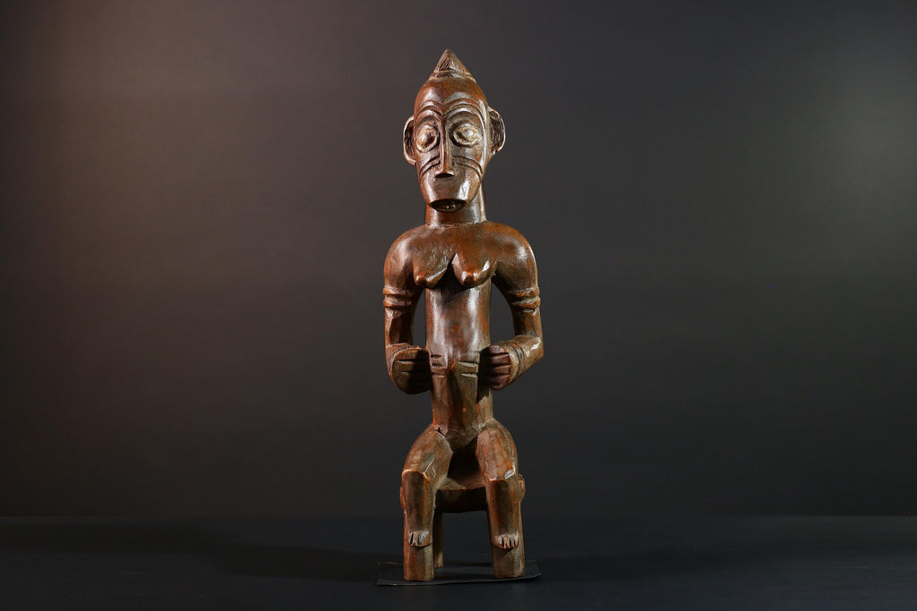 African Yoruba female figure seated on stool carved tribal fertility sculpture from Nigeria altar decor spiritual wood art-G5640