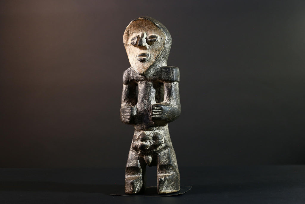 African Congo tribal figure with stylized face carved wood fertility sculpture ancestral decor primitive masculine statue-G5641