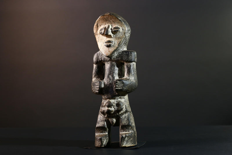 African Congo tribal figure with stylized face carved wood fertility sculpture ancestral decor primitive masculine statue-G5641