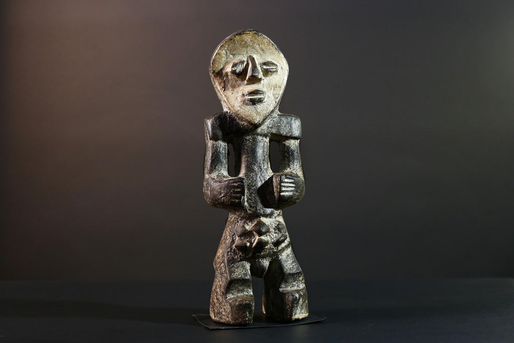 African Congo tribal figure with stylized face carved wood fertility sculpture ancestral decor primitive masculine statue-G5641