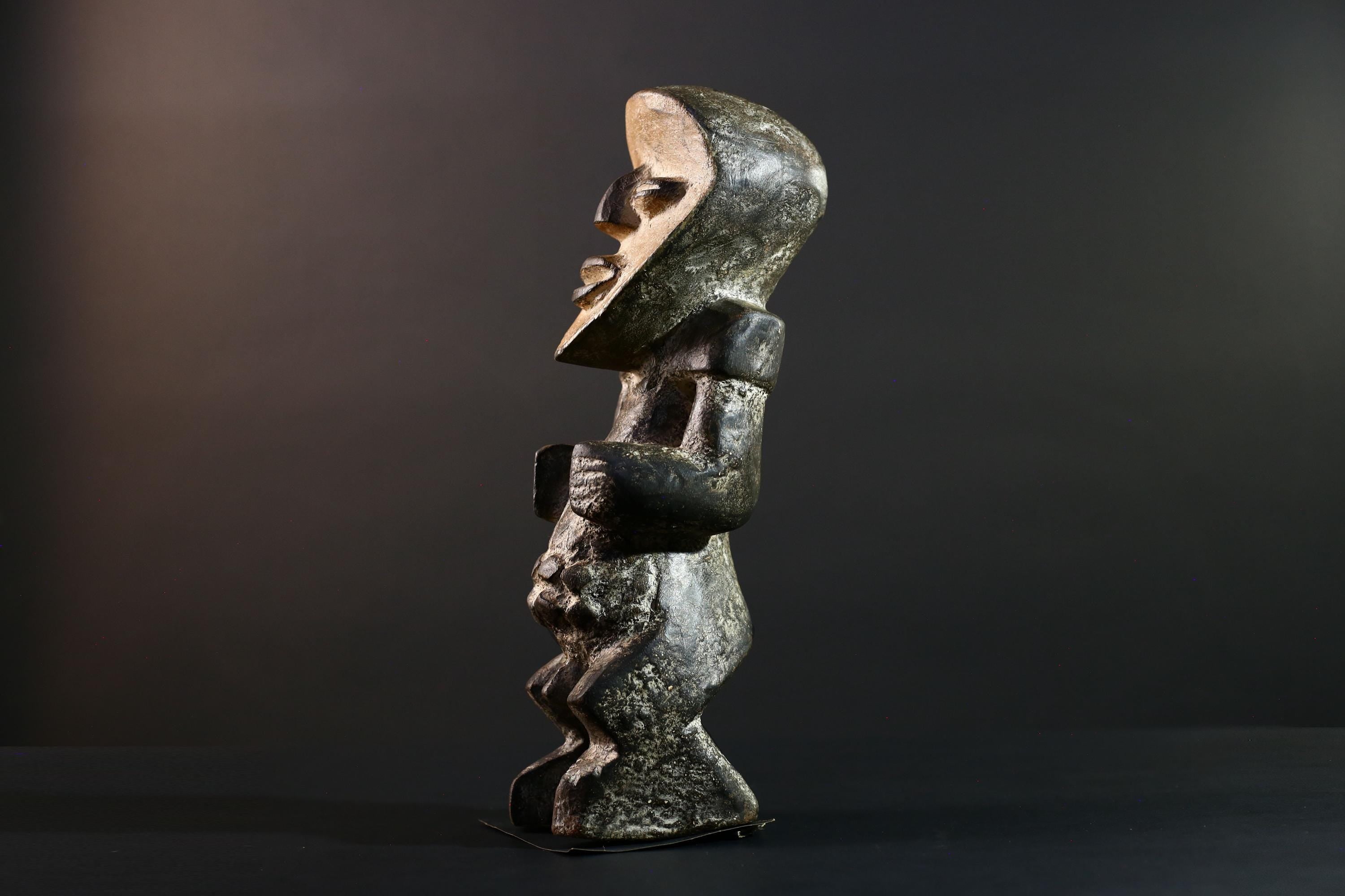 African Congo male figure carved geometric tribal statue with stylized genitals ancestral ritual wood sculpture masculine decor art-G5642