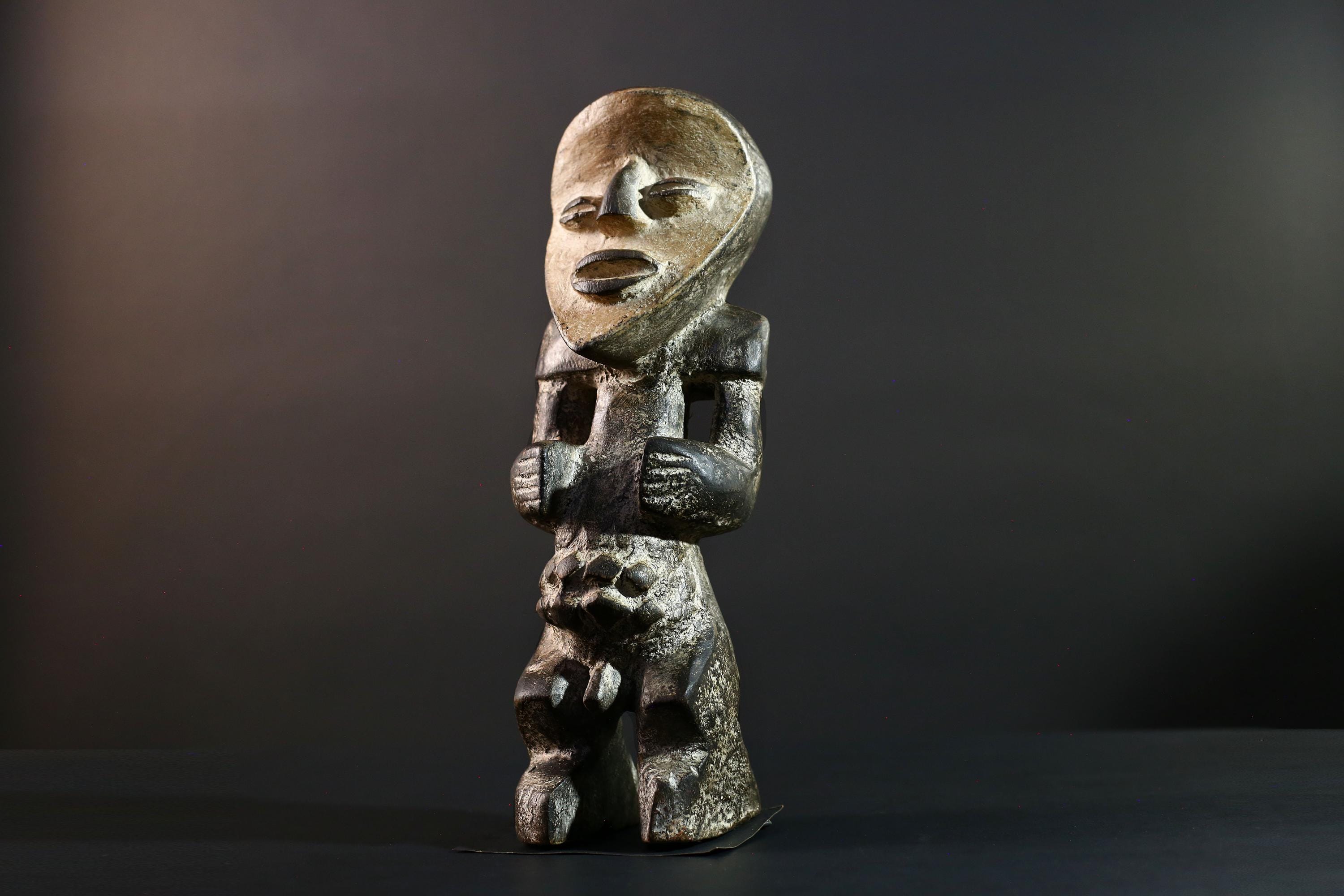 African Congo male figure carved geometric tribal statue with stylized genitals ancestral ritual wood sculpture masculine decor art-G5642