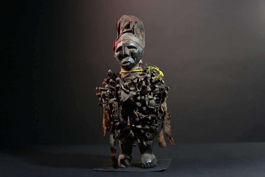African Nkisi Nail Figure Power Sculpture Congo Tribal Fetish Statue Carved Wood Charm with Nails Protective Ritual Art-G5643