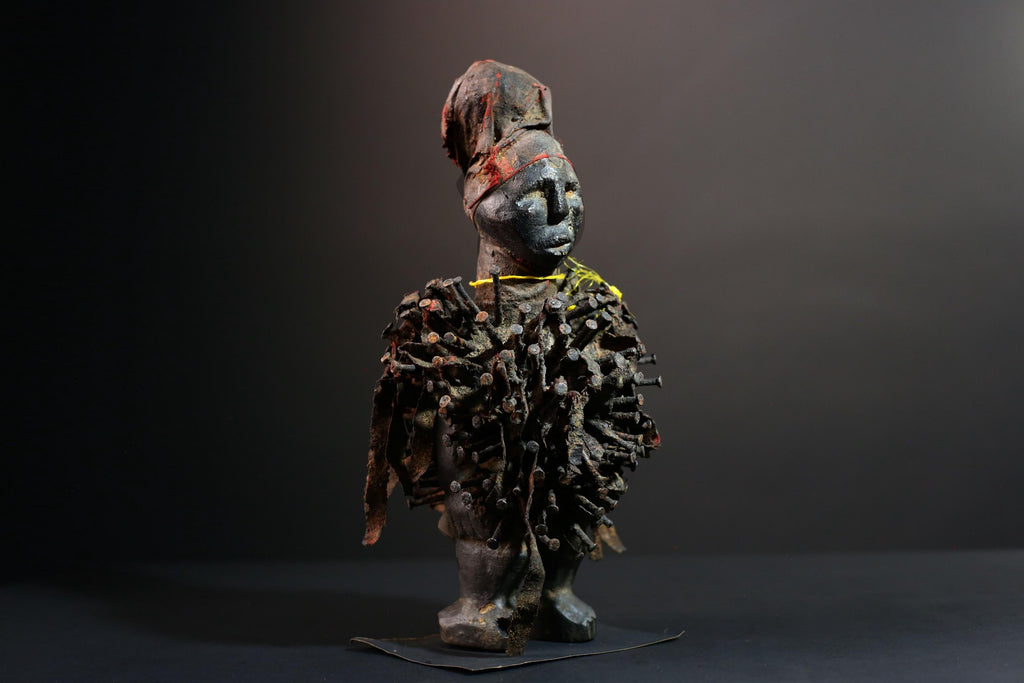 African Nkisi Nail Figure Power Sculpture Congo Tribal Fetish Statue Carved Wood Charm with Nails Protective Ritual Art-G5643
