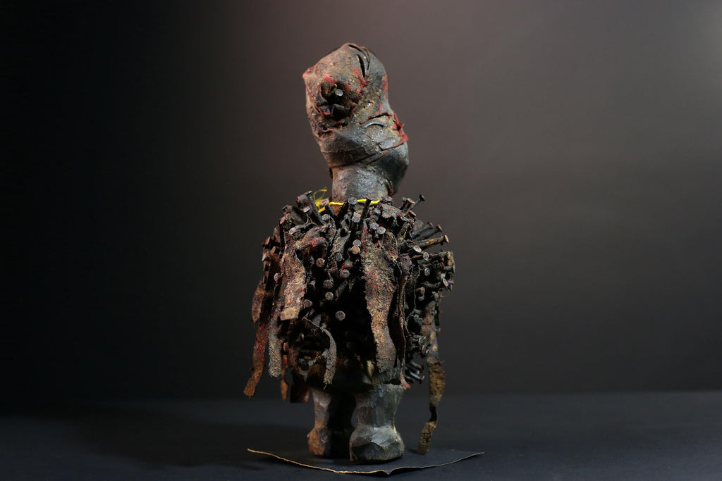 African Nkisi Nail Figure Power Sculpture Congo Tribal Fetish Statue Carved Wood Charm with Nails Protective Ritual Art-G5643