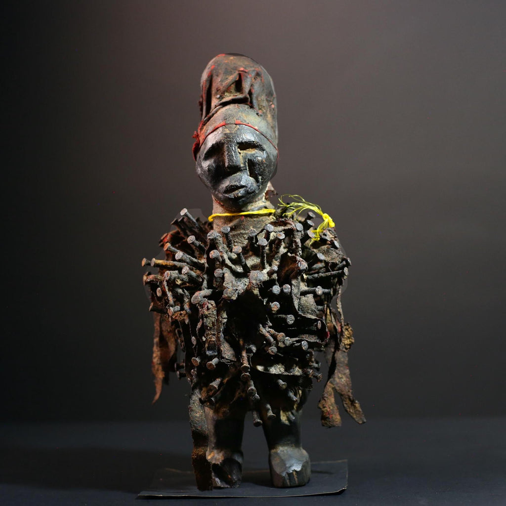 African Nkisi Nail Figure Power Sculpture Congo Tribal Fetish Statue Carved Wood Charm with Nails Protective Ritual Art-G5643