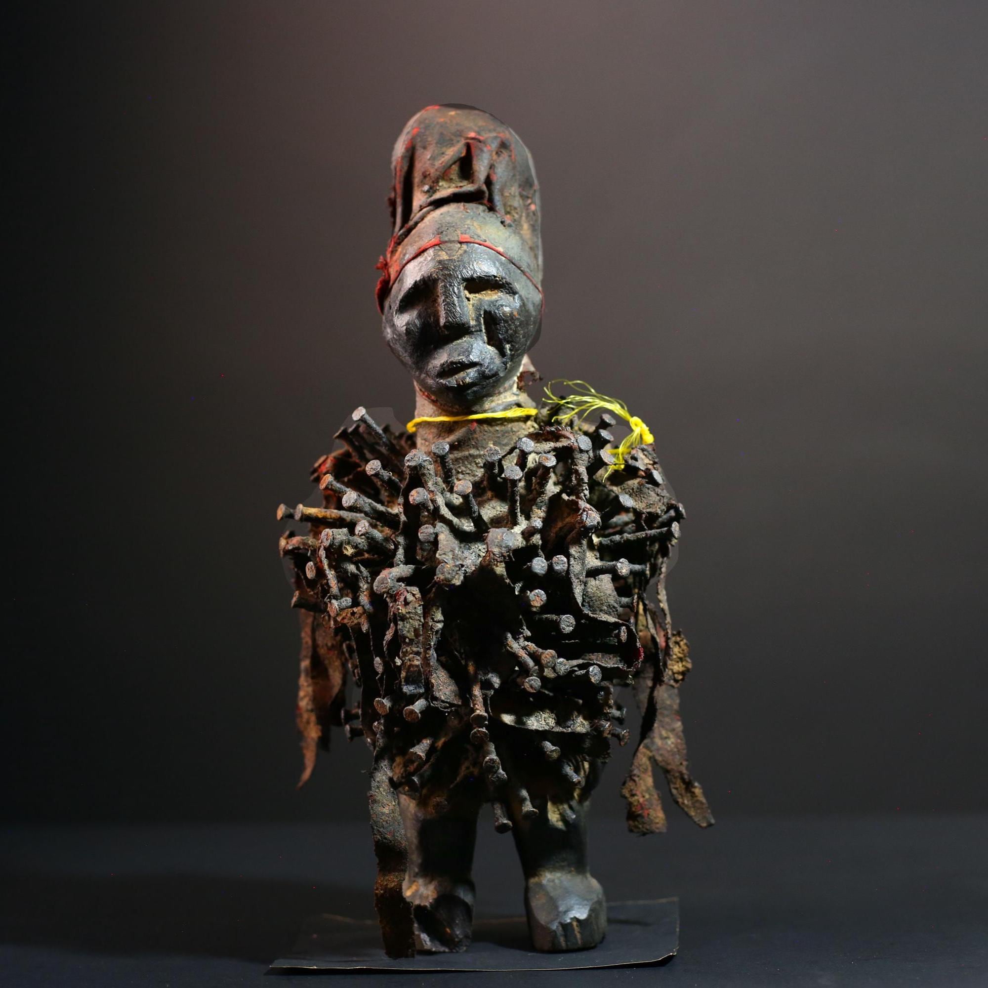 African Nkisi Nail Figure Power Sculpture Congo Tribal Fetish Statue Carved Wood Charm with Nails Protective Ritual Art-G5643