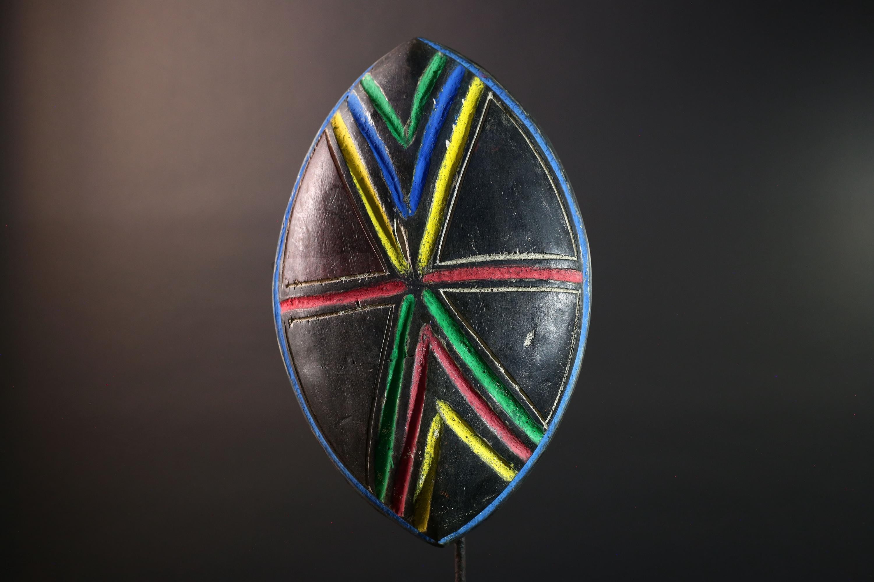 African Tribal Shield Wall Art Congo Carved Wood Decor Geometric Symbol Panel Multicolor Ceremonial Warrior Interior Accent G5644