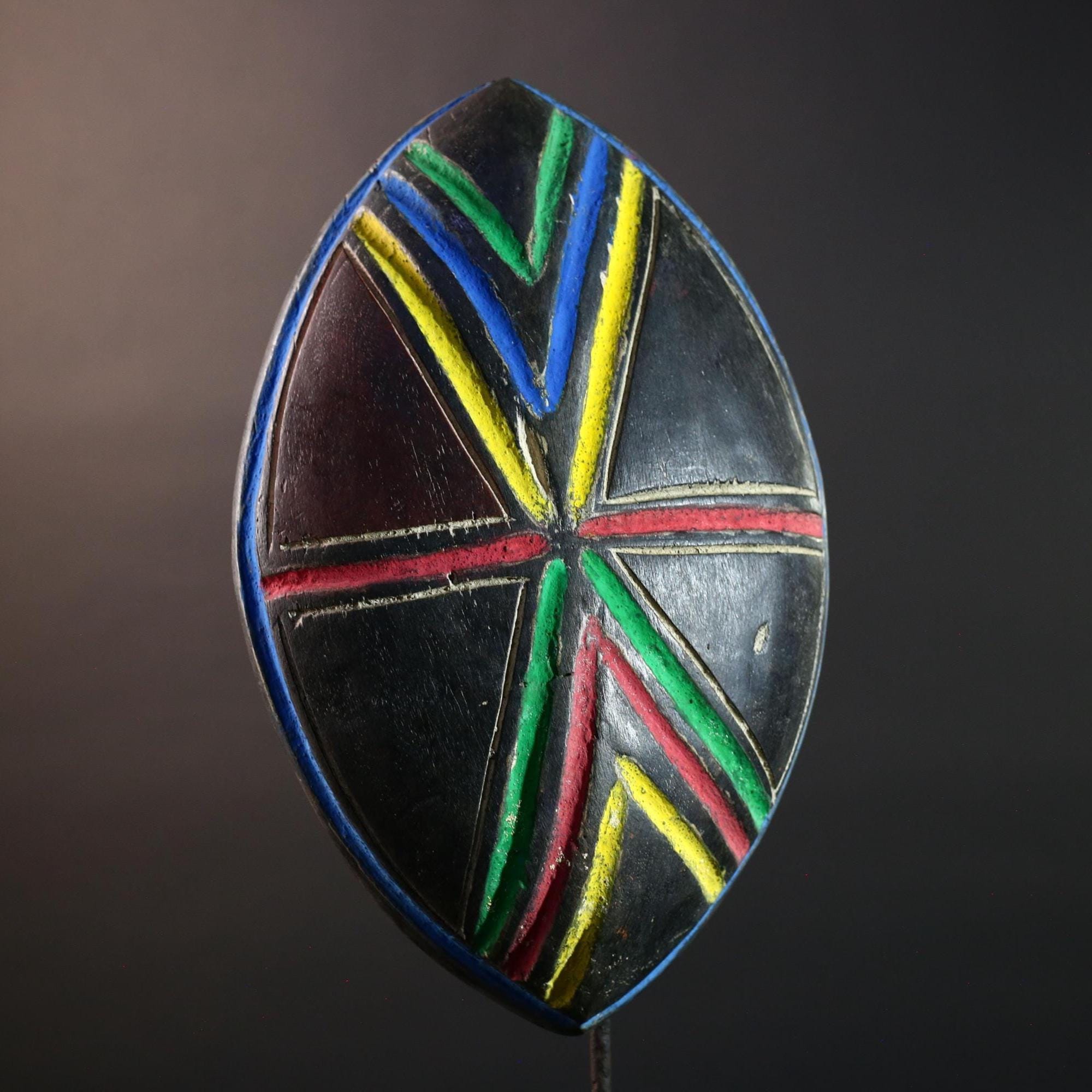 African Tribal Shield Wall Art Congo Carved Wood Decor Geometric Symbol Panel Multicolor Ceremonial Warrior Interior Accent G5644