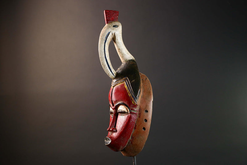 African Guro Mask with Bird Crest Hand Carved Tribal Wall Art Red Black Wood Face Decor Sculpture Côte d'Ivoire Vintage Statue-G5733