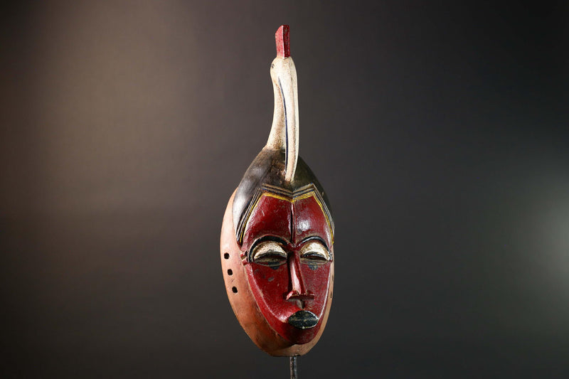 African Guro Mask with Bird Crest Hand Carved Tribal Wall Art Red Black Wood Face Decor Sculpture Côte d'Ivoire Vintage Statue-G5733