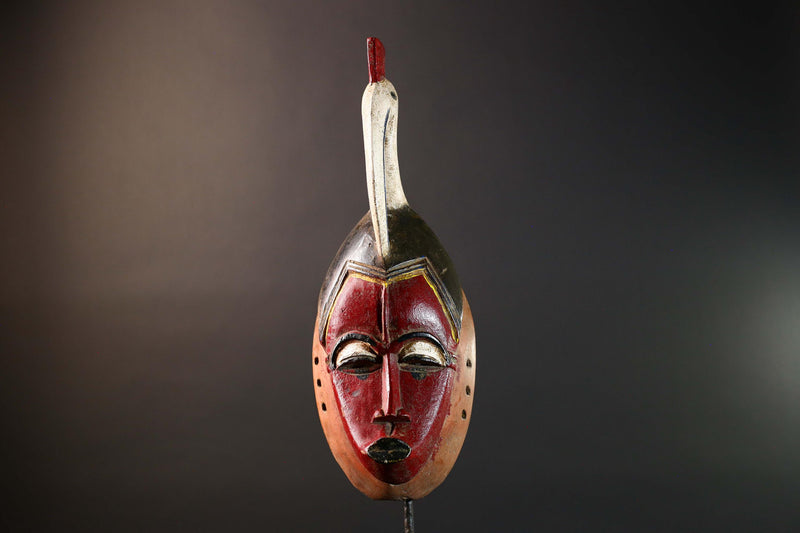 African Guro Mask with Bird Crest Hand Carved Tribal Wall Art Red Black Wood Face Decor Sculpture Côte d'Ivoire Vintage Statue-G5733