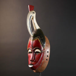 African Guro Mask with Bird Crest Hand Carved Tribal Wall Art Red Black Wood Face Decor Sculpture Côte d'Ivoire Vintage Statue-G5733