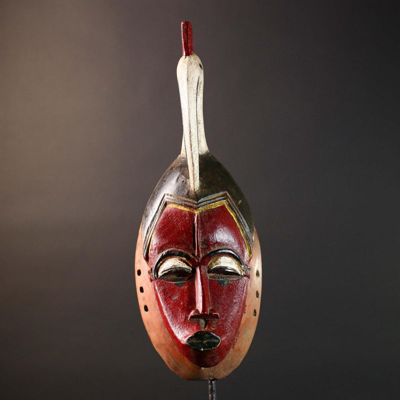 African Guro Mask with Bird Crest Hand Carved Tribal Wall Art Red Black Wood Face Decor Sculpture Côte d'Ivoire Vintage Statue-G5733