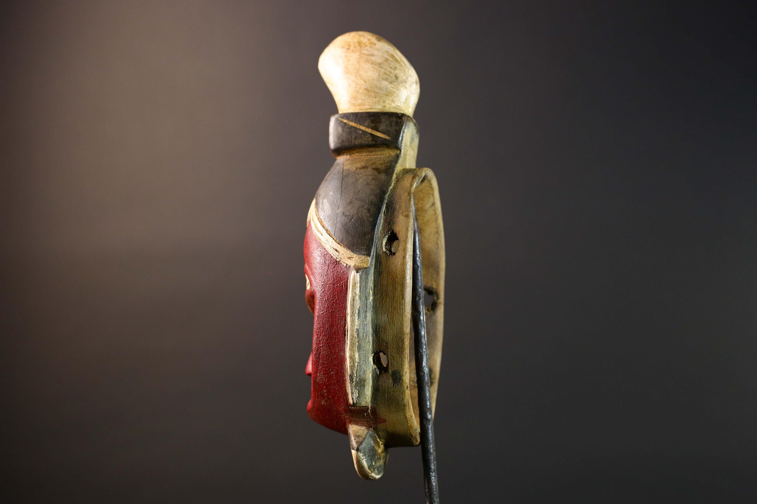 African Senufo Kpelie Mask Wood Carved Tribal Wall Decor Art Red Black Painted Hardwood Sculpture from Côte d'Ivoire Vintage Piece-G5734