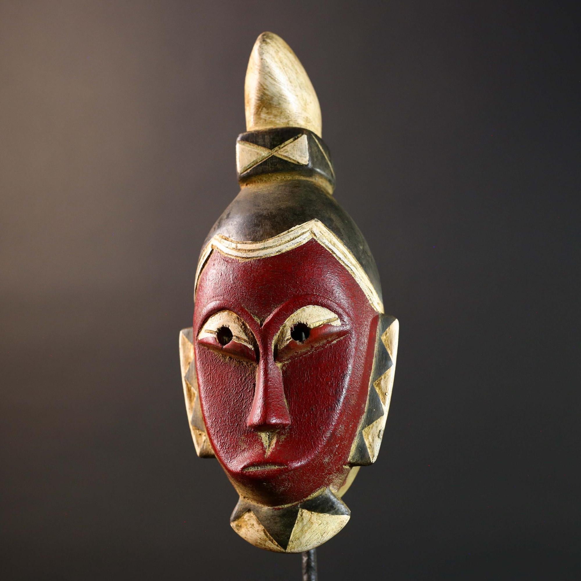 African Senufo Kpelie Mask Wood Carved Tribal Wall Decor Art Red Black Painted Hardwood Sculpture from Côte d'Ivoire Vintage Piece-G5734