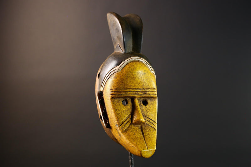 African Guro Mask Wood Carved Tribal Wall Art Yellow Black Painted Hardwood Sculpture from Côte d'Ivoire Vintage Decor Art Piece-G5735