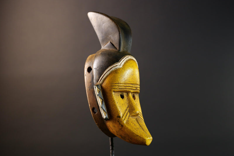 African Guro Mask Wood Carved Tribal Wall Art Yellow Black Painted Hardwood Sculpture from Côte d'Ivoire Vintage Decor Art Piece-G5735