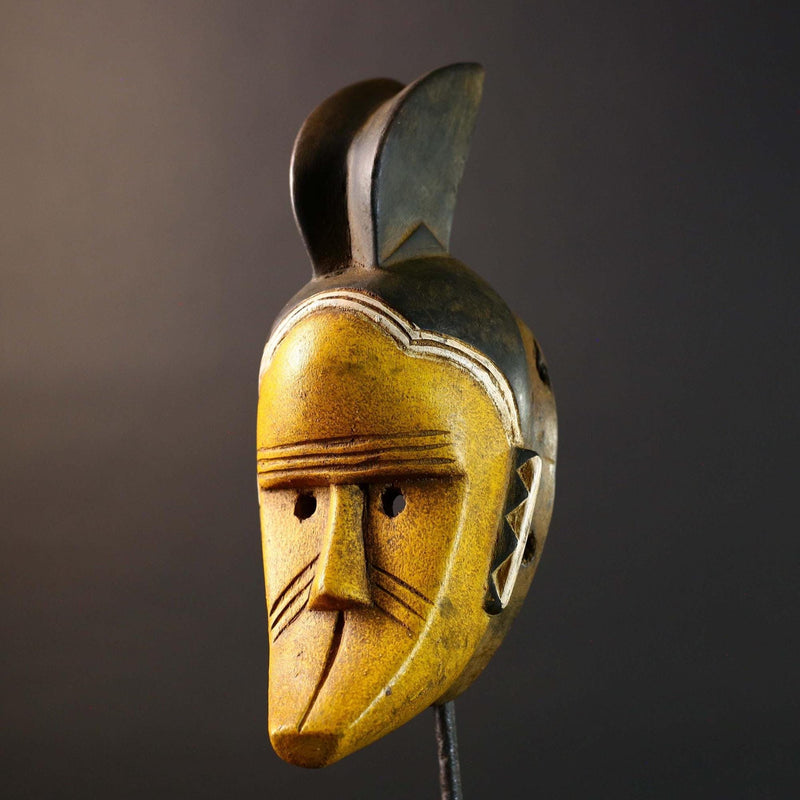 African Guro Mask Wood Carved Tribal Wall Art Yellow Black Painted Hardwood Sculpture from Côte d'Ivoire Vintage Decor Art Piece-G5735