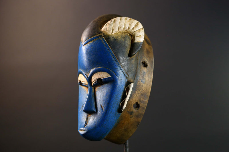 African Guro horn mask vintage blue wood tribal wall art handmade sculpture accent piece collectible décor statement piece unique art-G5737