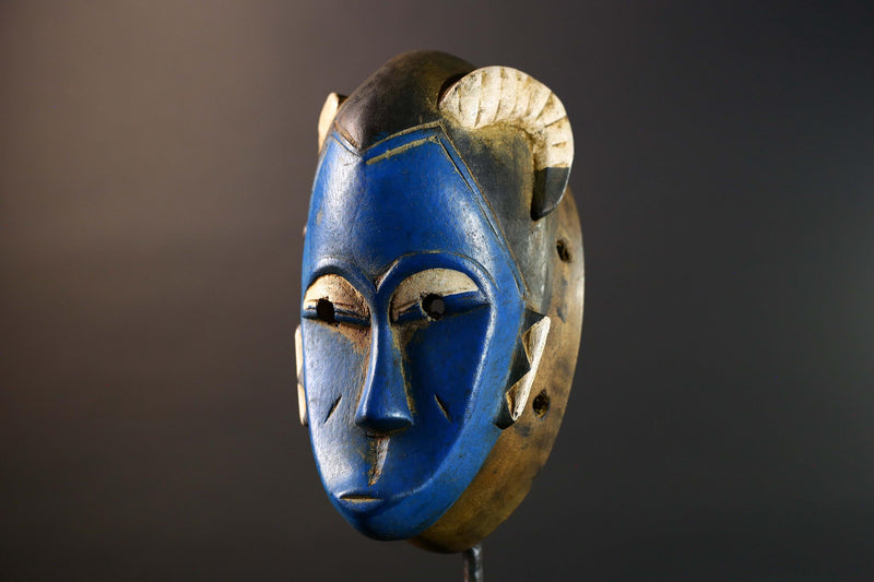 African Guro horn mask vintage blue wood tribal wall art handmade sculpture accent piece collectible décor statement piece unique art-G5737