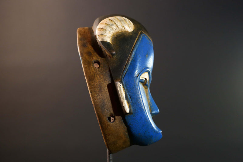 African Guro horn mask vintage blue wood tribal wall art handmade sculpture accent piece collectible décor statement piece unique art-G5737