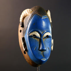 African Guro horn mask vintage blue wood tribal wall art handmade sculpture accent piece collectible décor statement piece unique art-G5737