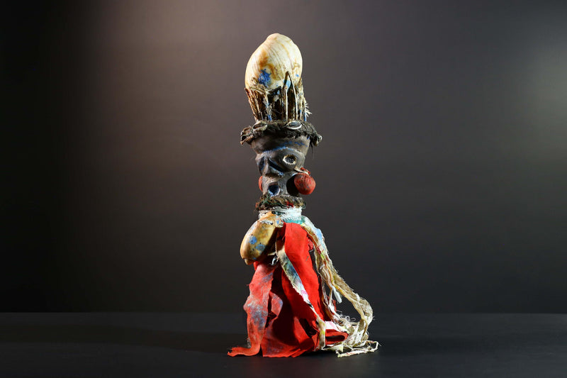 African Bakongo power figure wood fetish vintage sculpture tribal ritual art collectible shell raffia decor spiritual unique accent-G5741
