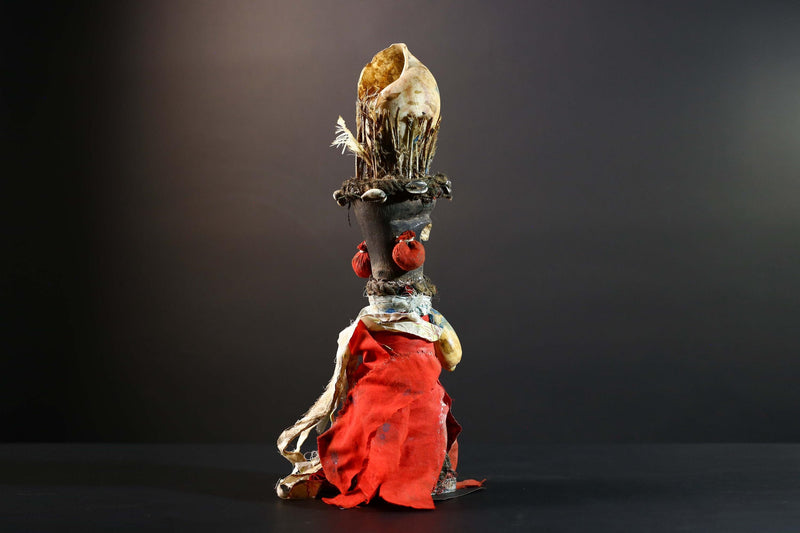 African Bakongo power figure wood fetish vintage sculpture tribal ritual art collectible shell raffia decor spiritual unique accent-G5741