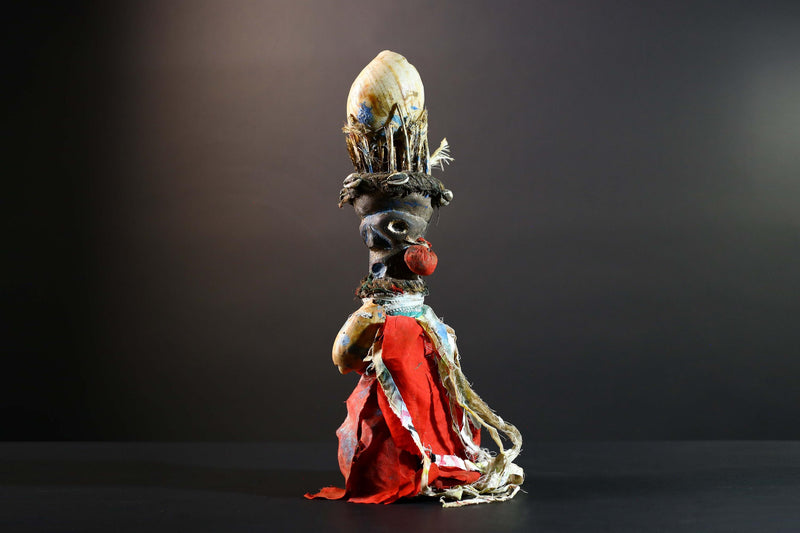 African Bakongo power figure wood fetish vintage sculpture tribal ritual art collectible shell raffia decor spiritual unique accent-G5741