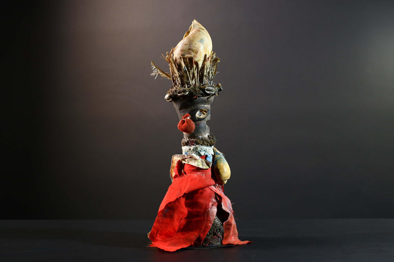African Bakongo power figure wood fetish vintage sculpture tribal ritual art collectible shell raffia decor spiritual unique accent-G5741