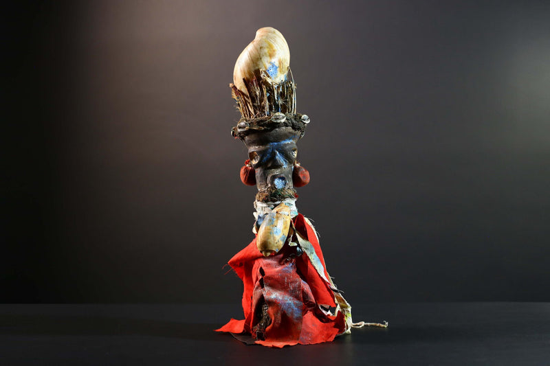 African Bakongo power figure wood fetish vintage sculpture tribal ritual art collectible shell raffia decor spiritual unique accent-G5741