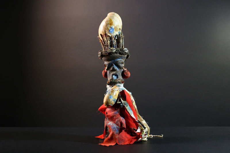 African Bakongo power figure wood fetish vintage sculpture tribal ritual art collectible shell raffia decor spiritual unique accent-G5741