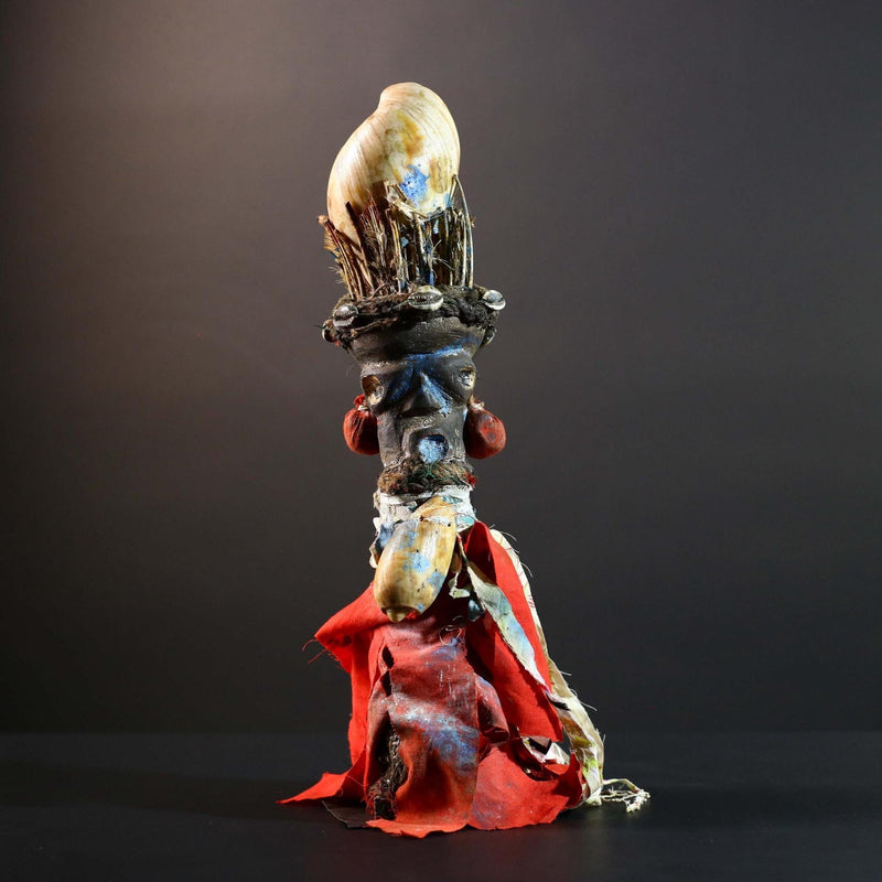African Bakongo power figure wood fetish vintage sculpture tribal ritual art collectible shell raffia decor spiritual unique accent-G5741