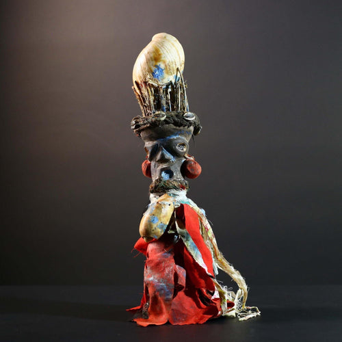 African Bakongo power figure wood fetish vintage sculpture tribal ritual art collectible shell raffia decor spiritual unique accent-G5741