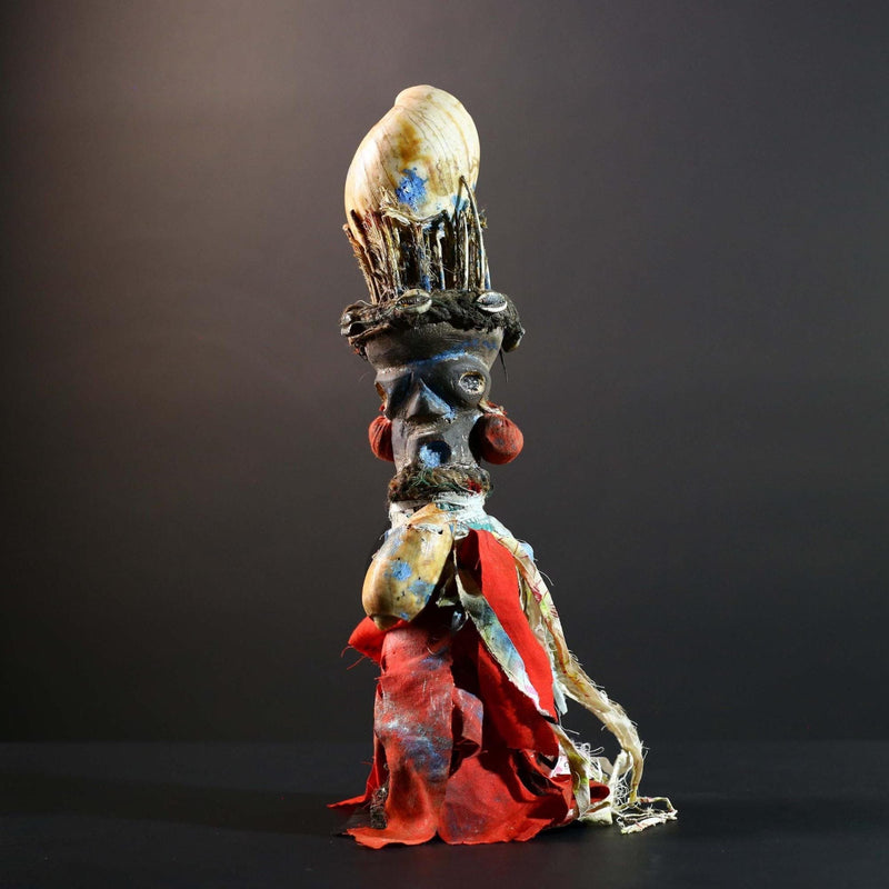 African Bakongo power figure wood fetish vintage sculpture tribal ritual art collectible shell raffia decor spiritual unique accent-G5741