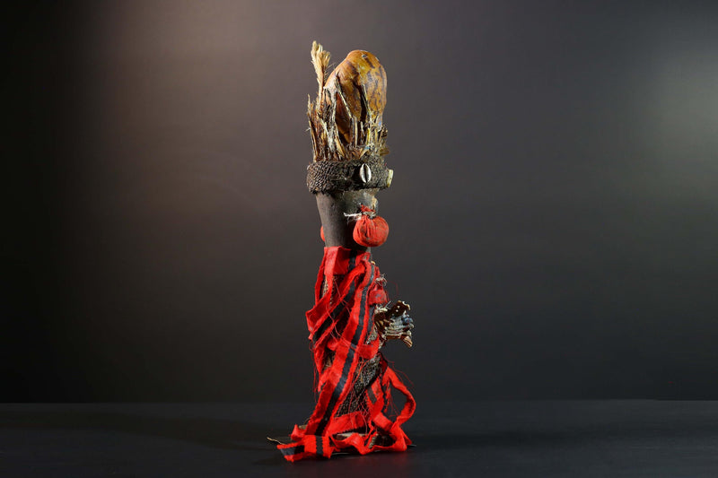 African Songye power figure wood fetish vintage sculpture tribal ritual art collectible shell raffia decorative accent unique piece  -G5742