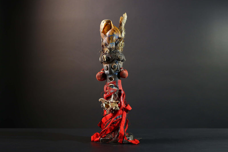 African Songye power figure wood fetish vintage sculpture tribal ritual art collectible shell raffia decorative accent unique piece  -G5742