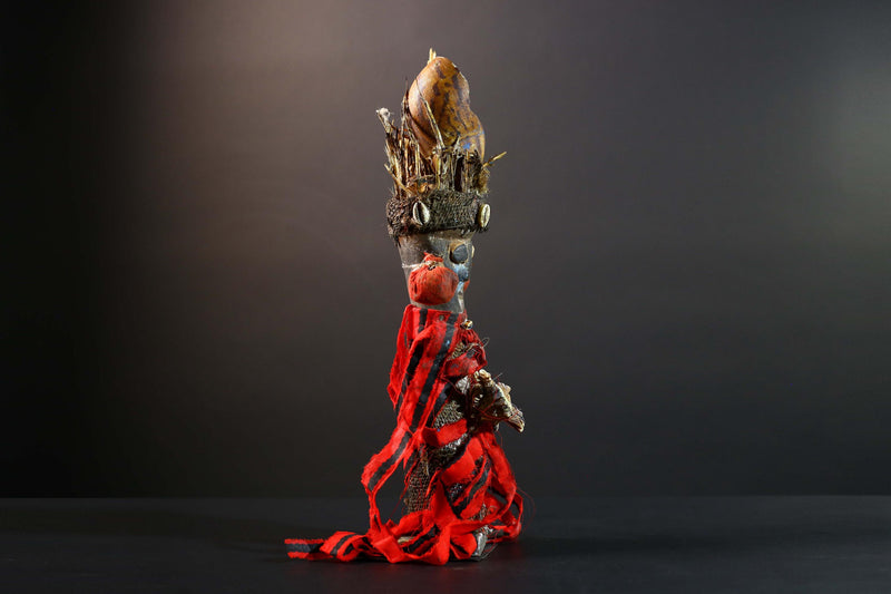 African Songye power figure wood fetish vintage sculpture tribal ritual art collectible shell raffia decorative accent unique piece  -G5742