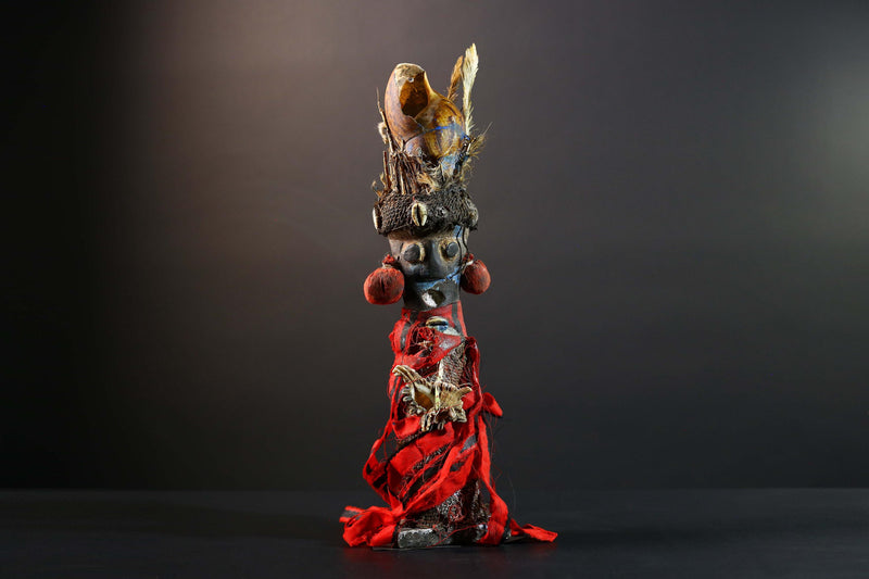 African Songye power figure wood fetish vintage sculpture tribal ritual art collectible shell raffia decorative accent unique piece  -G5742