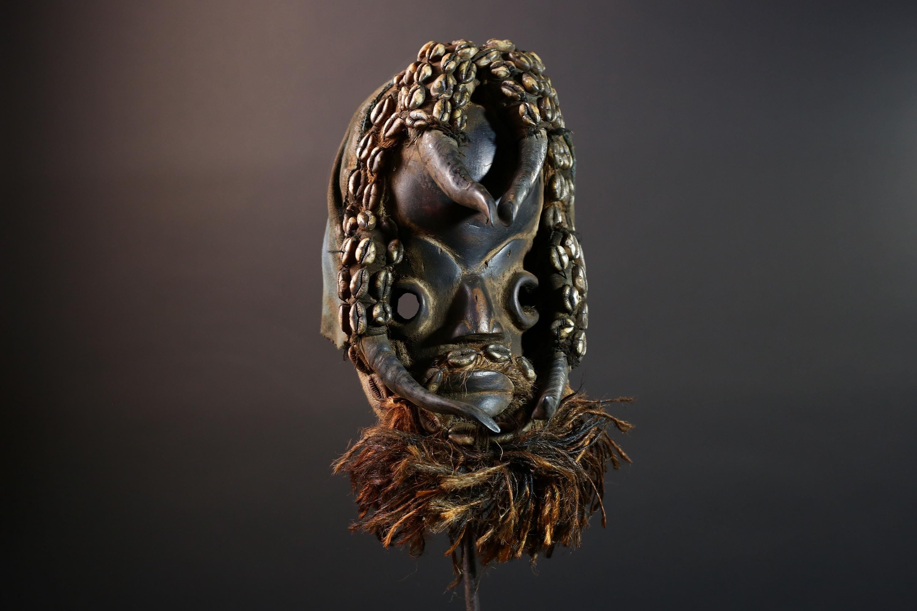 African Dan Cowrie Shell Mask Hand-Carved Wood Sculpture Tribal Spirit Wall Hanging Decor Ancestral Relic Folk Art Ivory Coast-G5646