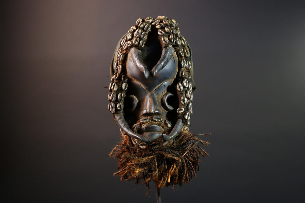African Dan Cowrie Shell Mask Hand-Carved Wood Sculpture Tribal Spirit Wall Hanging Decor Ancestral Relic Folk Art Ivory Coast-G5646