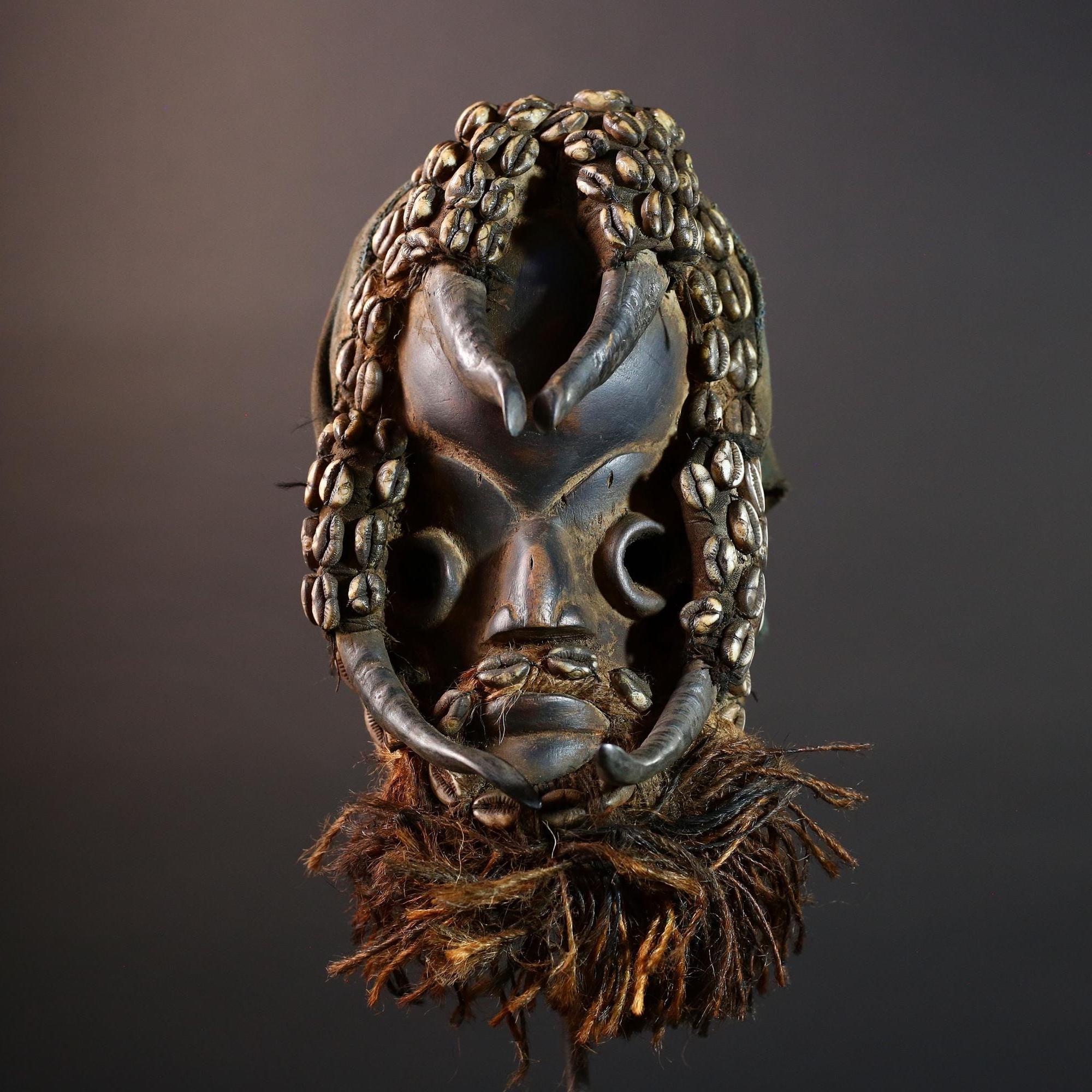 African Dan Cowrie Shell Mask Hand-Carved Wood Sculpture Tribal Spirit Wall Hanging Decor Ancestral Relic Folk Art Ivory Coast-G5646